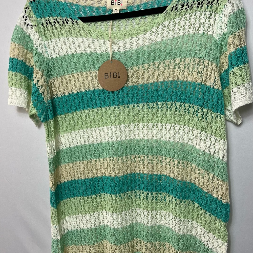 BiBi Women's Short Sleeve Striped Top - Green, Cream, White, and Teal